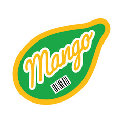 Bright mango fruit sticker with barcode, featuring bold green and yellow colors. Perfect for packaging, labels, grocery branding, organic products, tropical fruit designs, and eco-friendly themes.