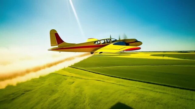 Vintage yellow crop duster plane spraying fields at sunrise against rural farmland backdrop