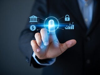 Businessman s finger touching a glowing digital interface with financial and security icons representing digital banking and data protection