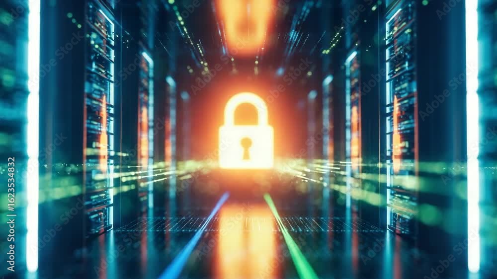 Poster a vibrant digital representation of a secure data center featuring glowing servers and a central loc