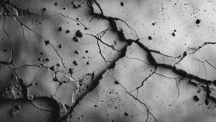 Cracks and damage on a surface in black and white