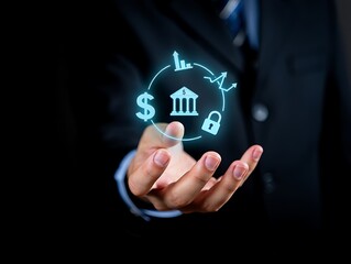 Businessman holding a glowing digital financial cycle with bank building and currency symbols in a dark background
