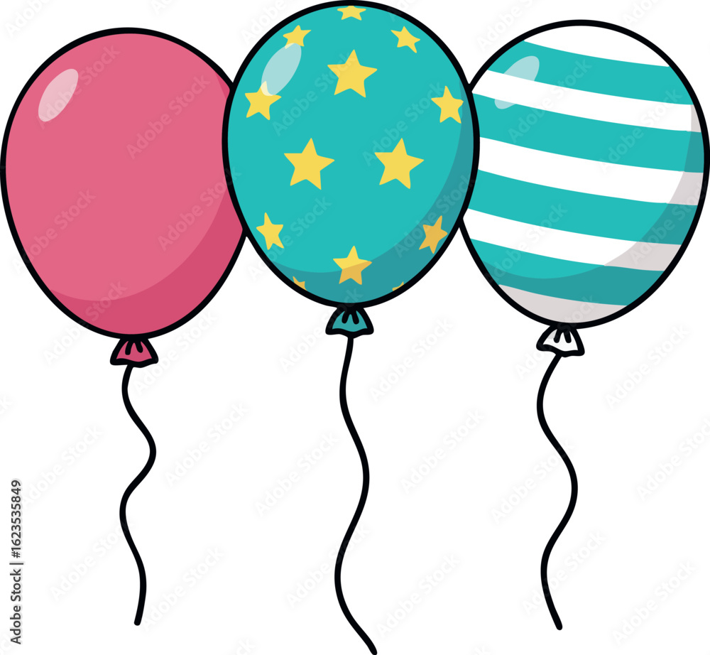 Poster colorful balloons with patterns and plain design floating with strings in festive celebration decor 