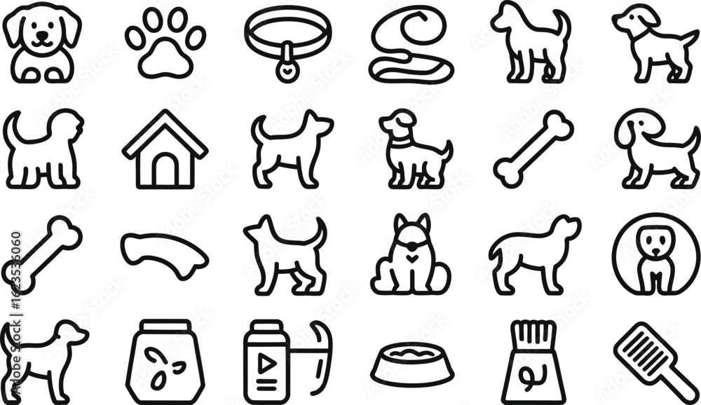 Poster collection of dog related icons and symbols in a simple line art style