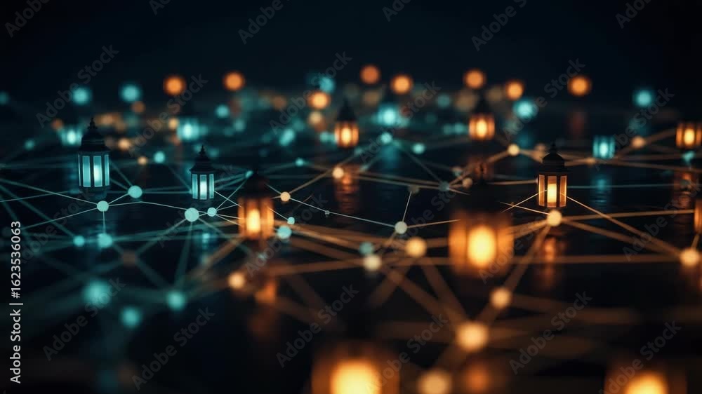 Poster a mesmerizing display of illuminated lanterns interconnected by a web of glowing lines creating an e