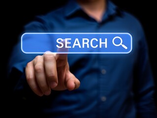 Person s finger pointing to a glowing blue search bar with a magnifying glass icon