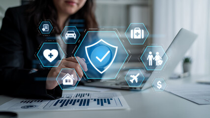 Security and insurance concept showing protection coverage for health, travel, home, car, life, and...