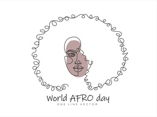 World Afro Day. September 15. Continuous one line drawing of young beauty african woman with afro hairstyle. Hand drawn one line vector. Editable stroke