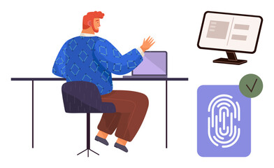 Person interacts with a laptop fingerprint scanner and approved access displayed. Ideal for cybersecurity, authentication, biometrics, data security, technology, online protection, digital lock. A