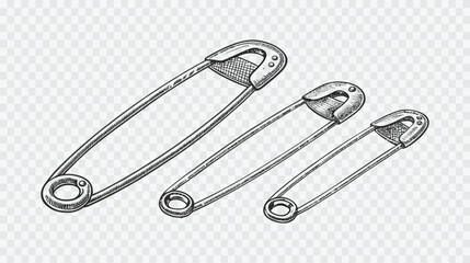 Fototapeta premium Three safety pins of varying sizes isolated on white background