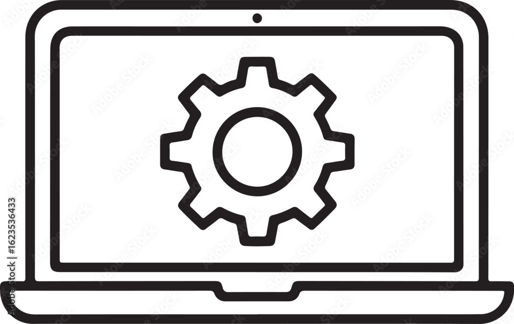 Poster laptop computer screen displaying a single gear icon representing settings or configuration