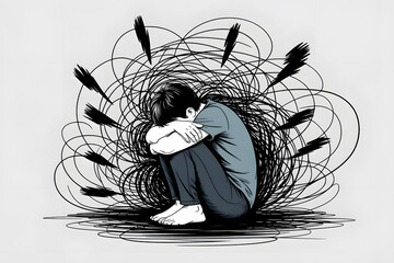 Person overwhelmed by chaotic thoughts and anxiety