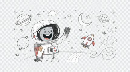 Fototapeta premium Cute astronaut waving hello with a rocket flying past planets and stars in a whimsical space scene