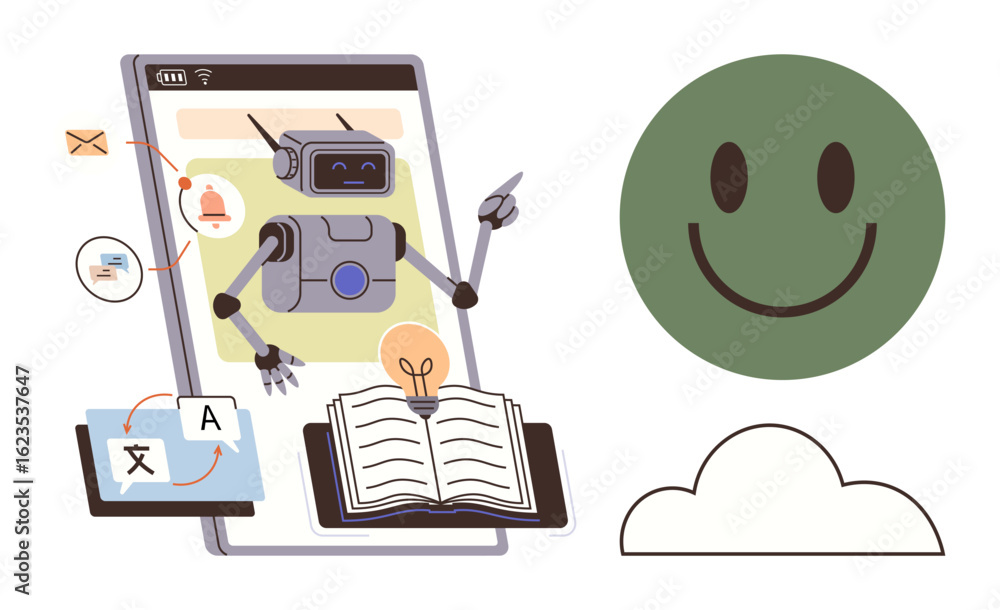 Poster robot on a digital device translates languages, provides learning support with texts, light bulb ide