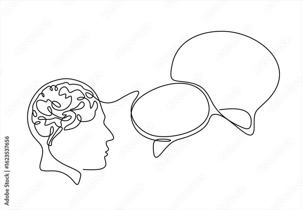Poster continuous line drawing of head of a man with speech bubble is drawn by a single black line on a whi