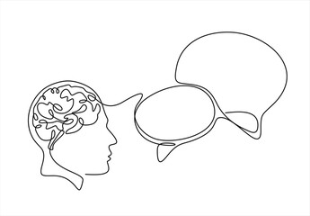 Continuous line drawing of head of a man with speech bubble is drawn by a single black line on a white background. Hand drawn one line vector. Editable stroke	