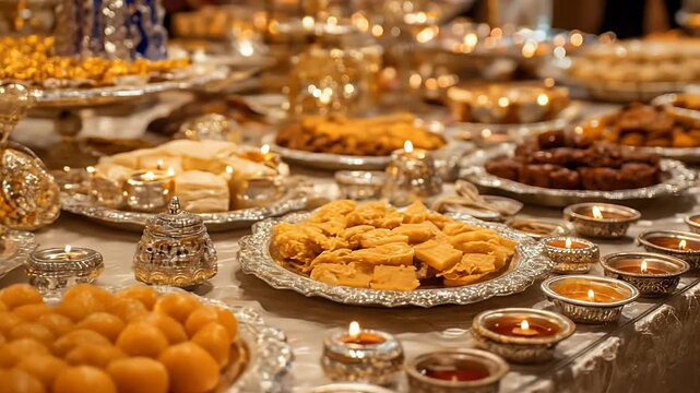 A Lavish Array of Golden and Amber Indian Sweets and Desserts on Elegant Silver Platters, Illuminated by Warm Candlelight, Creating a Festive
