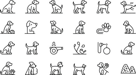 Collection of simple line art dog icons in various poses