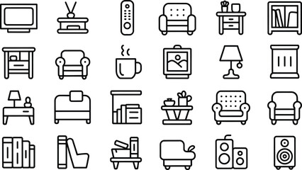 Collection of modern living room furniture and decor icons in a clean line art style