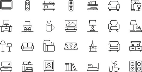 Collection of black and white line art icons representing furniture and home decor items