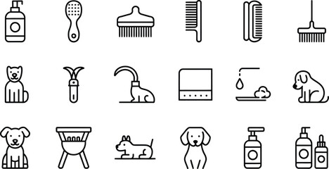 Collection of dog grooming and pet care icons in a clean line art style