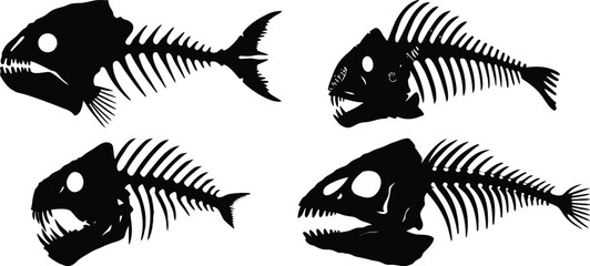 Fototapeta premium Fish Skeleton Silhouette Vector collection – Detailed Bone Structure of Dead Fish on Transparent Background