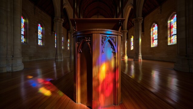 Ornate wooden pulpit in a church with colorful stained glass light