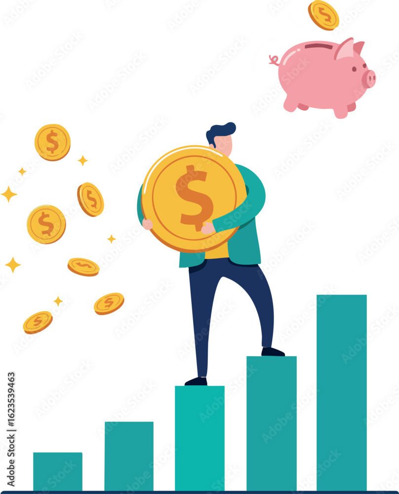 Poster man holding large gold coin standing on ascending bar chart with falling coins and piggy bank saving