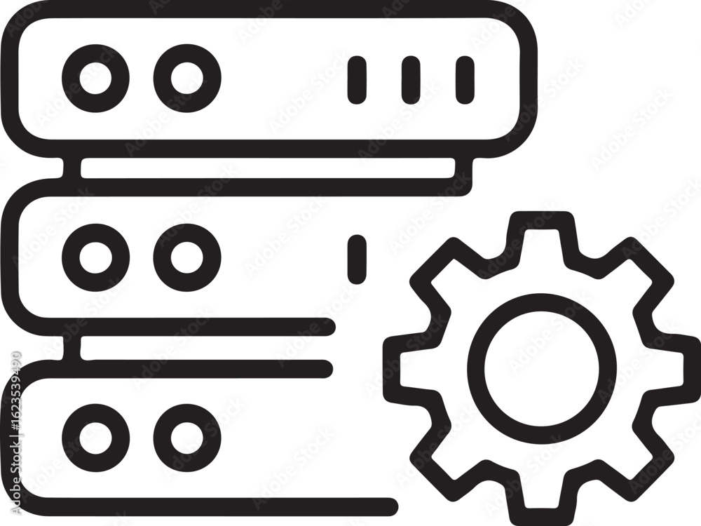 Poster server rack with a gear icon representing data management and it infrastructure