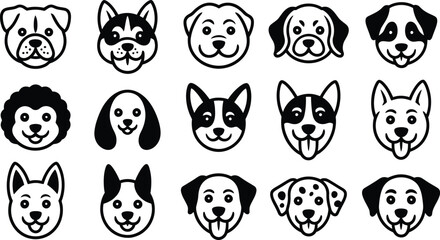 Collection of stylized dog faces in a simple line art style