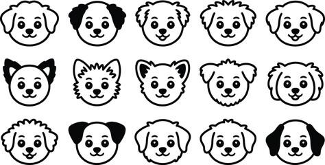 Collection of cute cartoon dog faces in a variety of breeds and styles