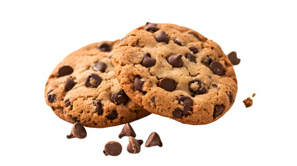 Two chocolate chip cookies on a white background