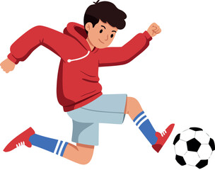 Boy in red hoodie kicking black and white soccer ball energetic soccer player vector illustration