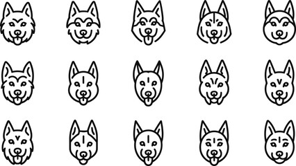Collection of stylized dog head illustrations in a simple line art style