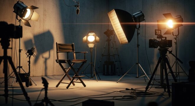 Film studio interior with lighting equipment and camera