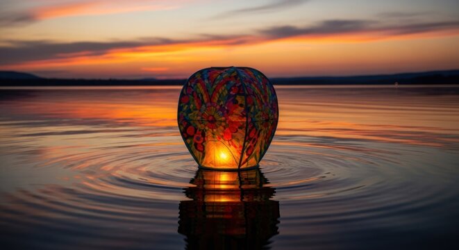 Floating lantern on calm lake at sunset