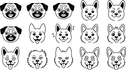 Collection of cartoon dog faces including pugs and corgis