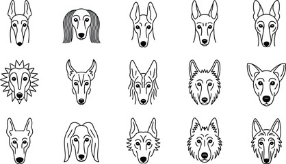 Collection of stylized dog faces in black and white sketch style