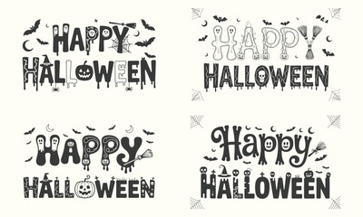 Fototapeta premium Spooky Happy Halloween lettering with bats, spiders, ghosts, and pumpkins for holiday invitations poster