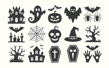 Spooky Halloween icons for your projects featuring ghosts, pumpkins, skull, haunted house