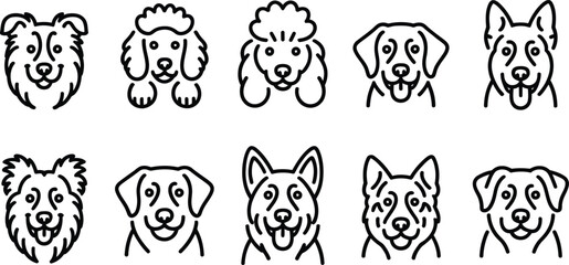 Collection of stylized dog face illustrations in black and white line art