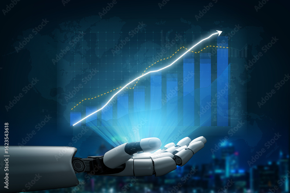 Poster a futuristic robot hand displays a stunning data visualization featuring graphs and analytics in a h