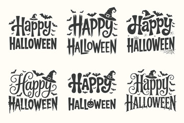 Fototapeta premium Festive Halloween Typography Designs Assortment of Vector Graphics Happy Halloween Greetings with Bats and Witch Hats