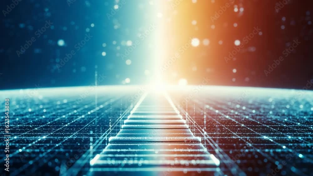 Poster a futuristic digital landscape showcasing a glowing pathway leading towards a bright horizon surroun