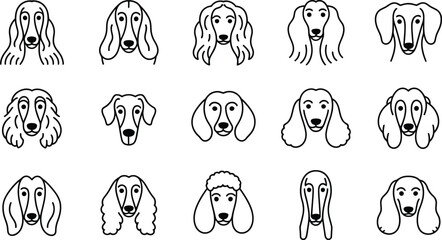Collection of stylized dog portraits in a clean line art style