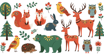 Whimsical Forest Creatures and Foliage in a Folk Art Style Featuring Deer Foxes Squirrels Owls Bears Rabbits and Hedgehogs with Decorative Patterns and Natural Elements
