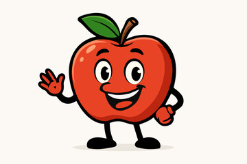Vector illustration of a cheerful red apple character waving hello with a big smile, perfect for healthy eating campaigns