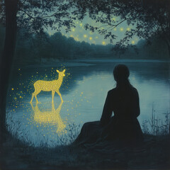 Fairytale illustration in a night palette: a girl sits by a quiet forest lake, watching a glowing deer, as if woven from stars 
