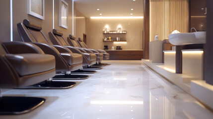 Modern interior of a beauty salon or spa area with elegant leather chairs, soft lighting and minimalist design.  