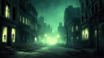 A dark and spooky street in a deserted city with silhouettes of monsters or zombies in the glowing windows, with a green fog and streetlights, post-apocalyptic and horror atmosphere